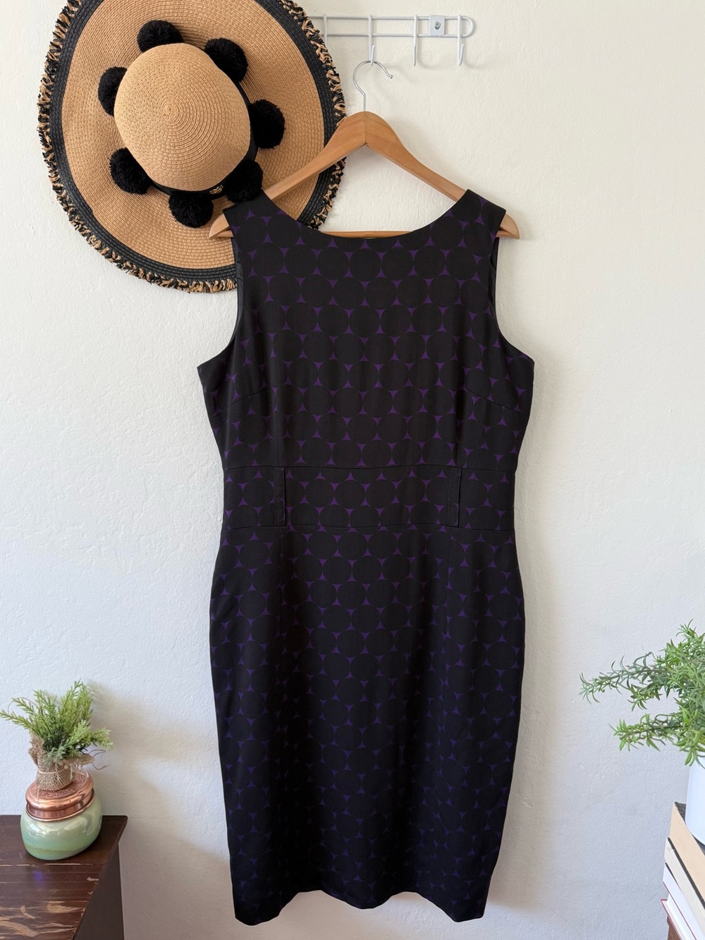 Vintage Hobbs London Black & Purple Geometric Dot Sleeveless Wool Dress Size 16